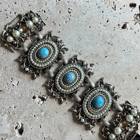 Vintage Gold and Teal  Turquoise Pearl bracelet - Picture 3 of 6